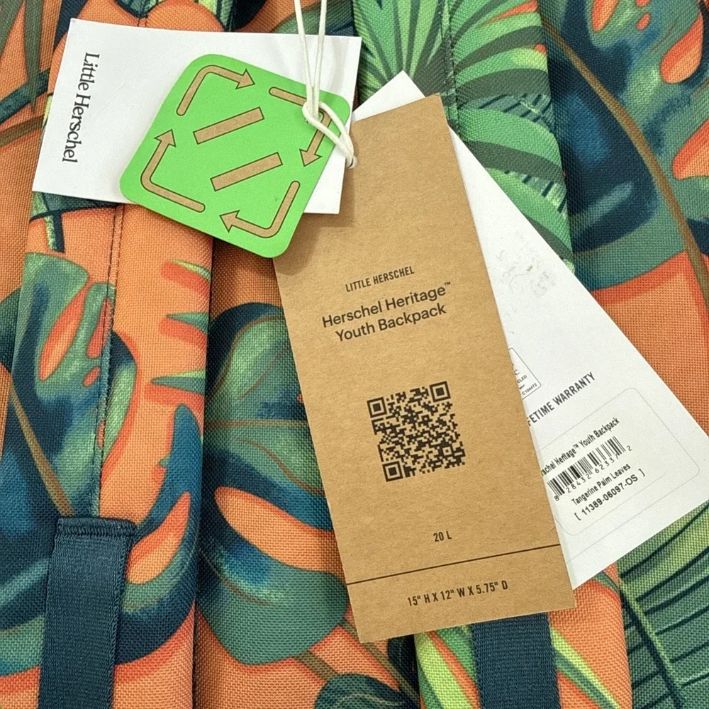Herschel Heritage Youth Backpack Tangerine Palm Leaves Tropical Quality NEW Tags